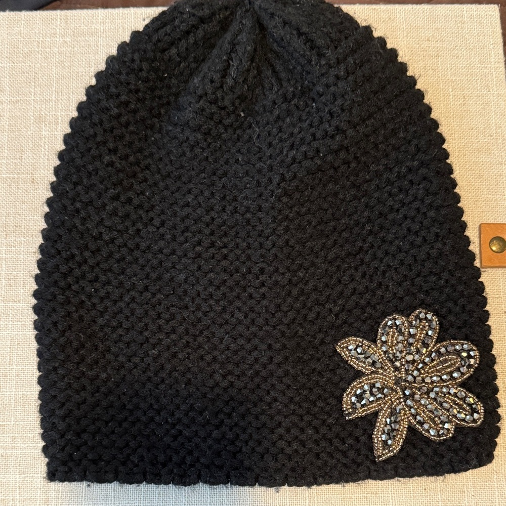 Black Beaded Flower Knit Beanie - Unbranded